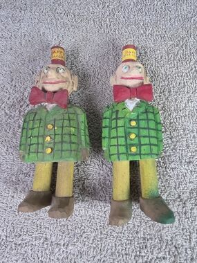 Handcrafted Folk Art Green Wooden Figurine Pair with Red Bow Ties